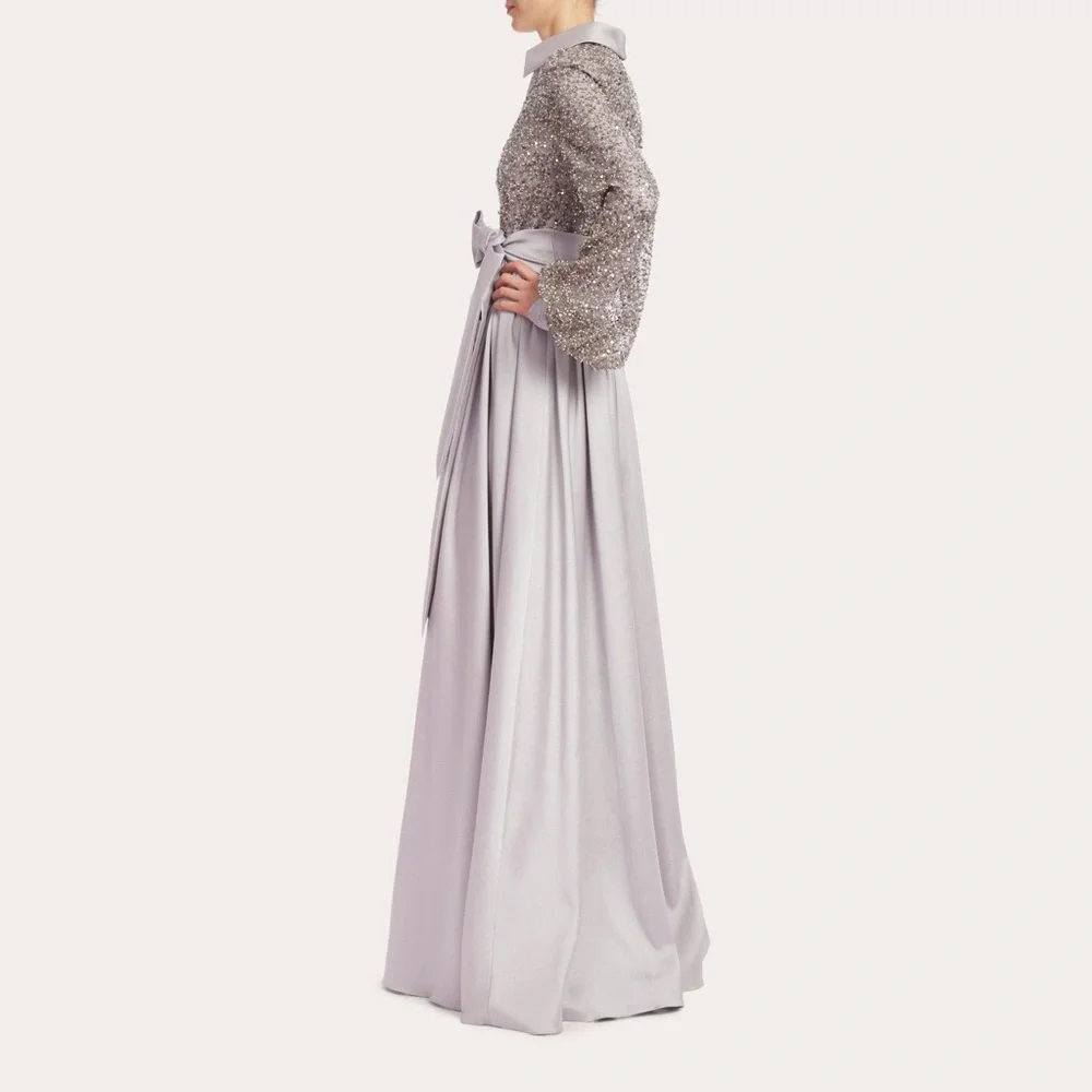 NWOT Badgley Mischka Collection Blouson Sleeve Sequin Shirt Gown